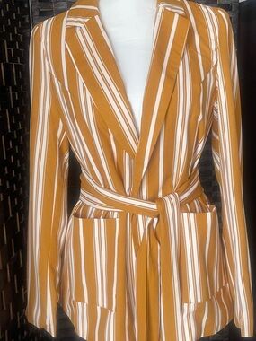 Love Tree Mustard and White Striped Belted Blazer